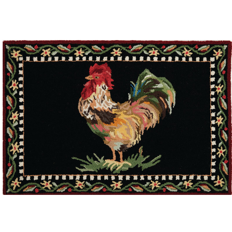 August Grove Turin Country Rooster HandHooked Wool Black/Red Area Rug